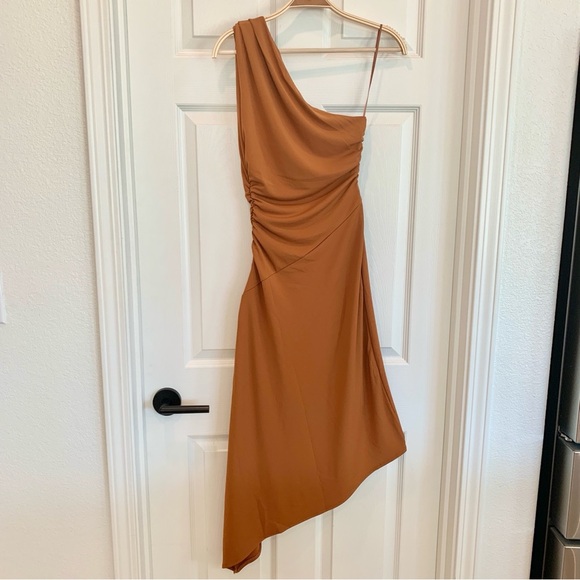 ZARA One Shoulder Asymmetric Zipper Dress Burnt Orange - Picture 9 of 15